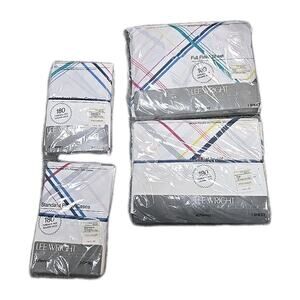 NEW Lot of 4 JC Penney Lee Wright Grid Plaid Flat Fitted Sheet & Pillowcase Set